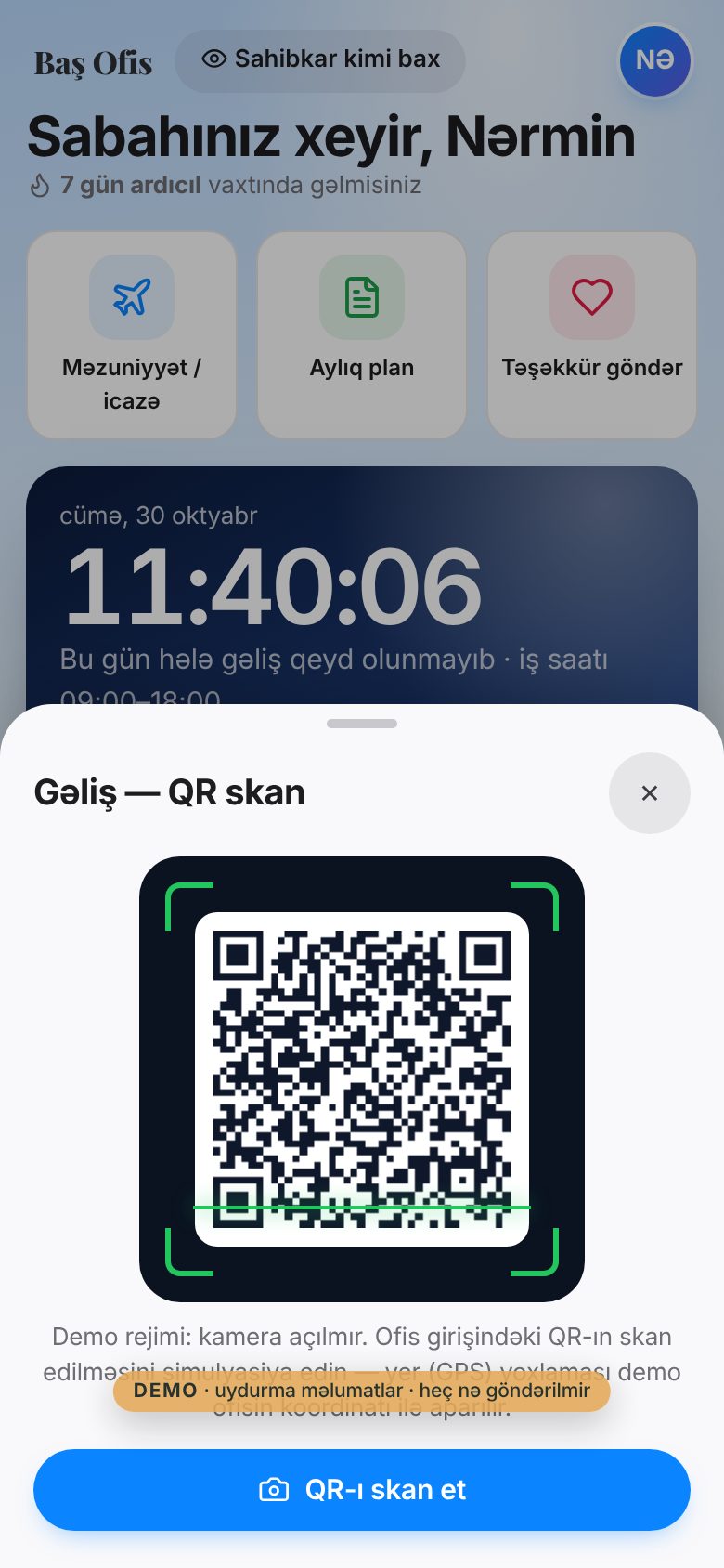 Baş Ofis — işçi idarəetmə sistemi — QR ilə gəlişin qeydi (demo-da kamera əvəzinə simulyasiya)