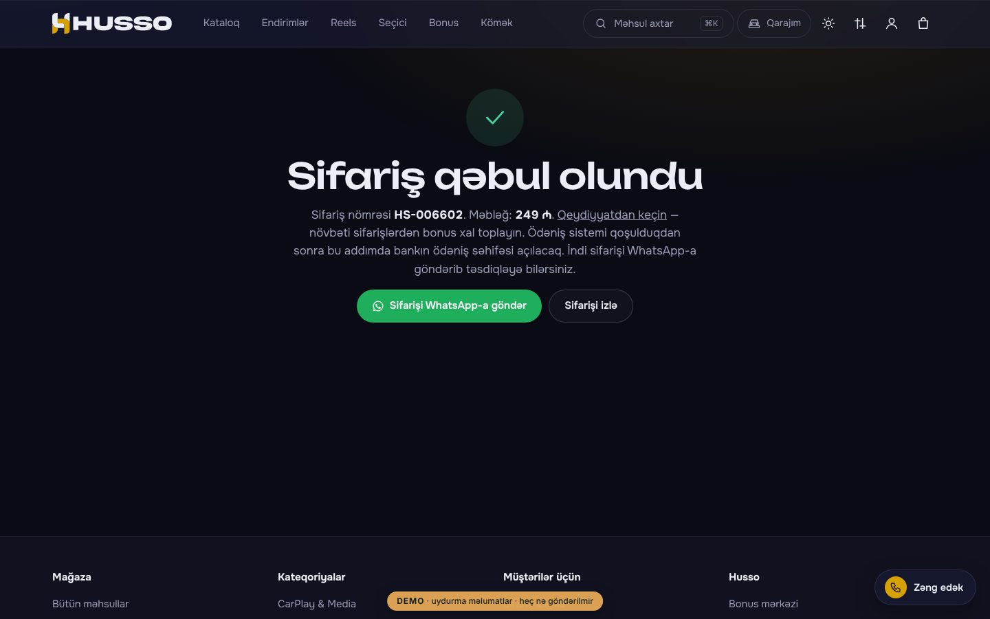 Husso.az — avtomobil texnologiyaları mağazası — Sifariş qəbul olundu ekranı — demo rejimində sifariş heç yerə göndərilmir