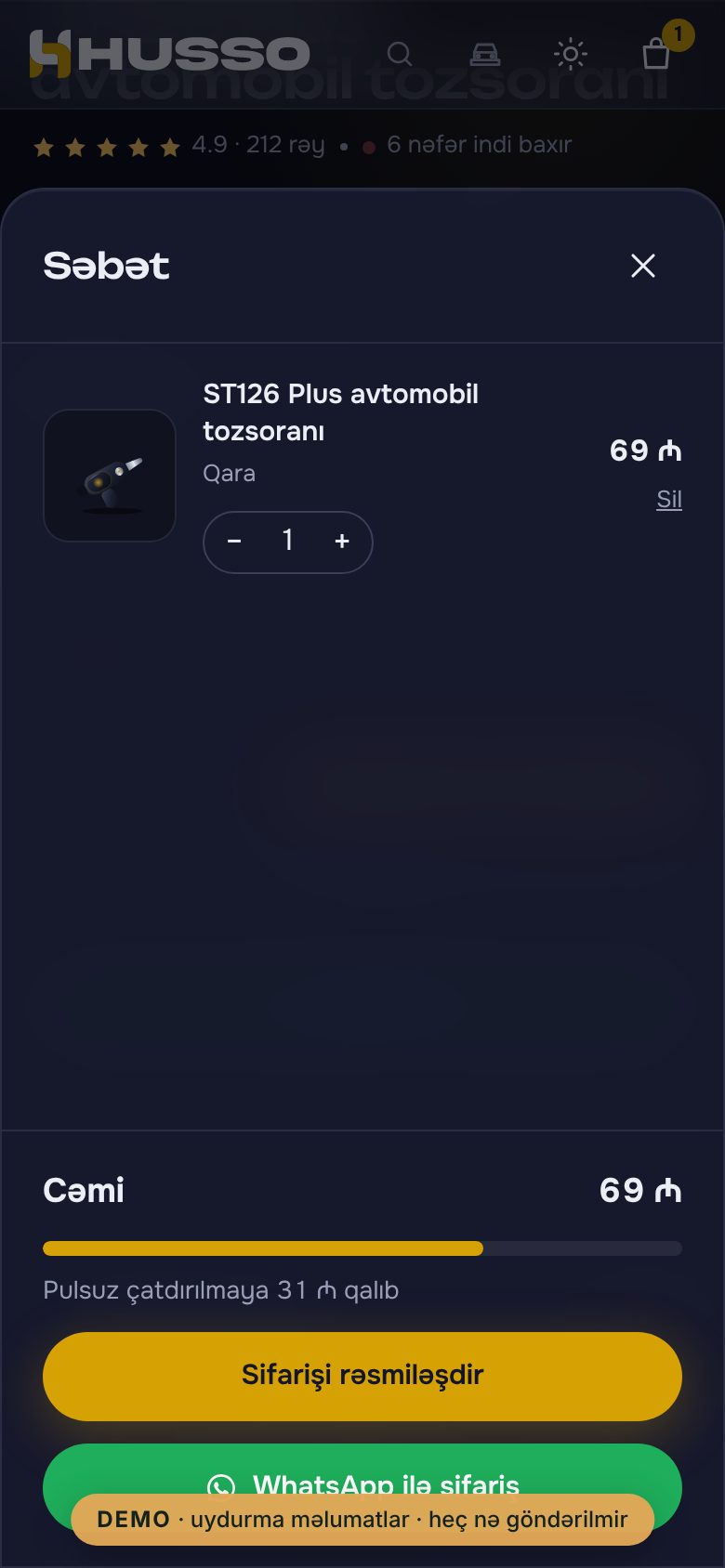 Husso.az — avtomobil texnologiyaları mağazası — Mobil səbət