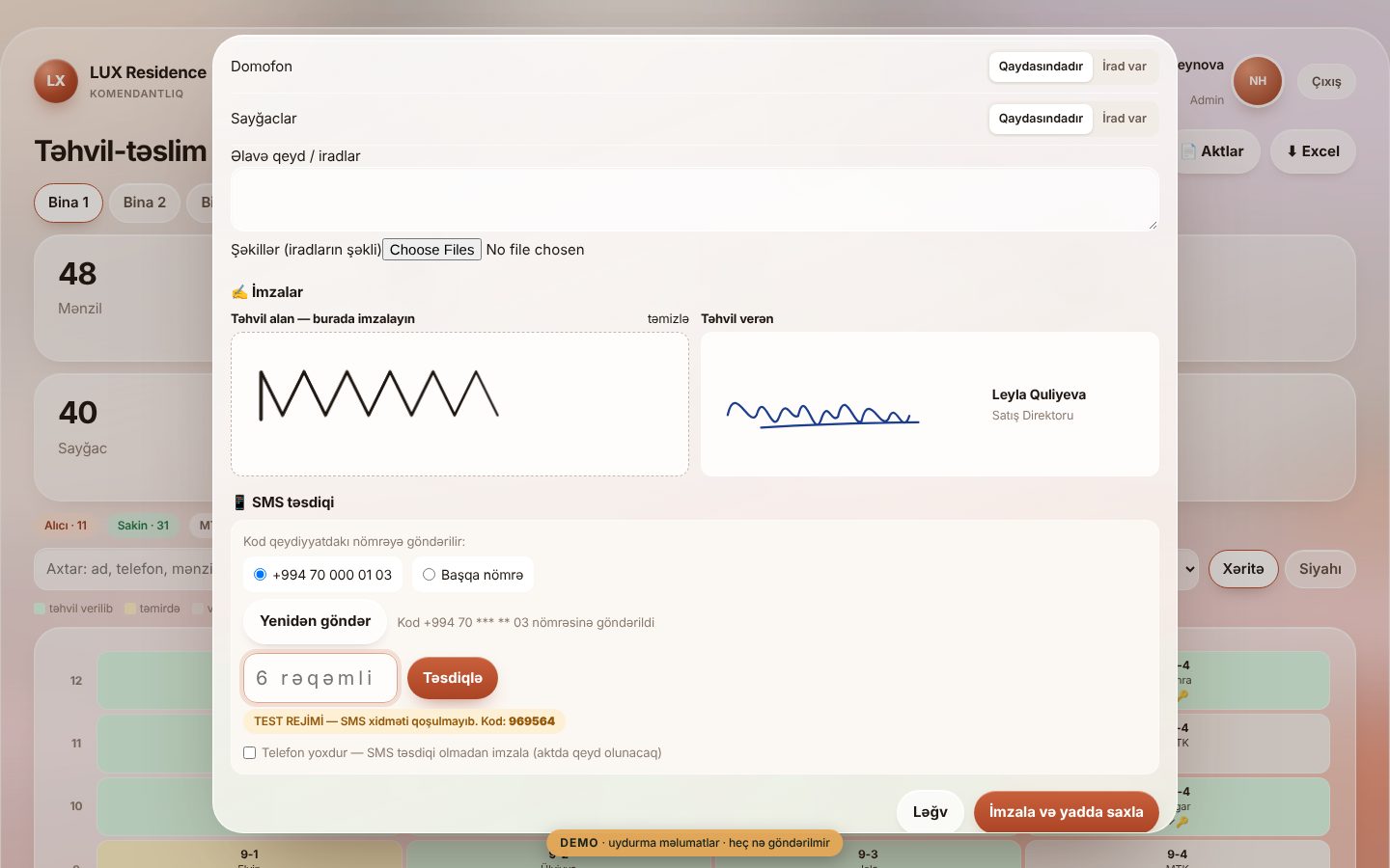 Komendantlıq sistemi — LUX Residence — Elektron təhvil-təslim aktı: barmaqla imza və SMS kodu ilə təsdiq (demo-da test rejimi)