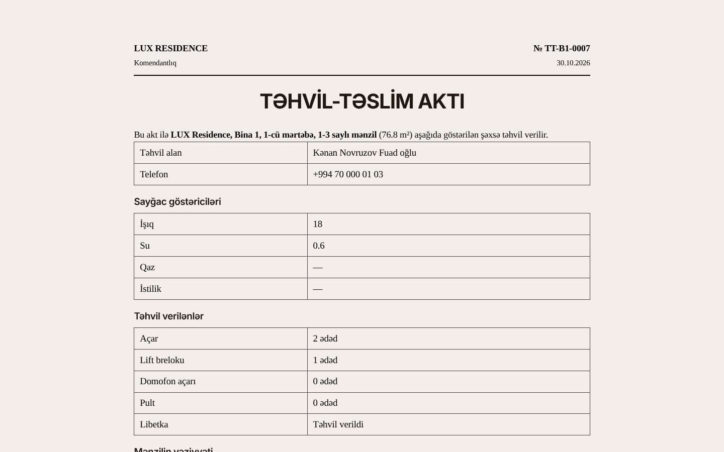 Komendantlıq sistemi — LUX Residence — Avtomatik nömrələnən akt — çap və PDF üçün hazır forma