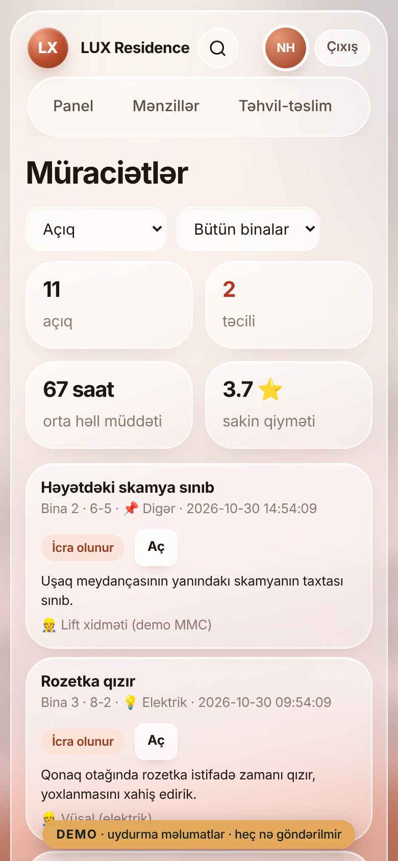 Komendantlıq sistemi — LUX Residence — Sakin müraciətləri: status, usta, həll müddəti və sakin qiyməti