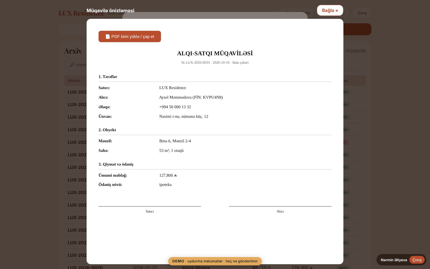 Satış lövhəsi, kalkulyator və müqavilələr — Alqı-satqı müqaviləsinin çap/PDF önizləməsi