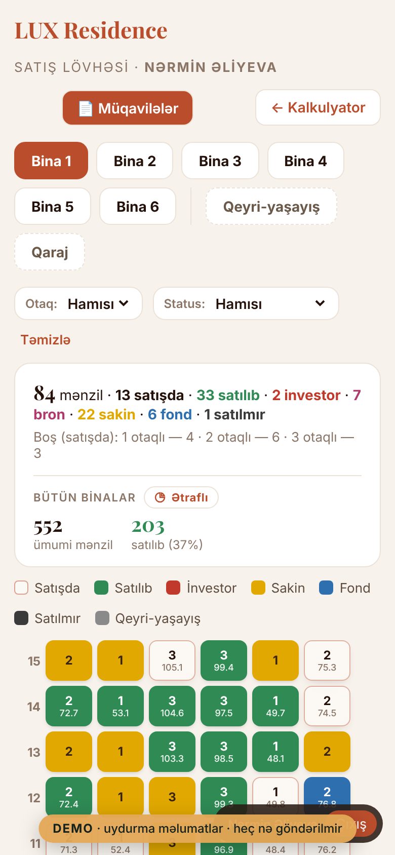 Satış lövhəsi, kalkulyator və müqavilələr — mobil