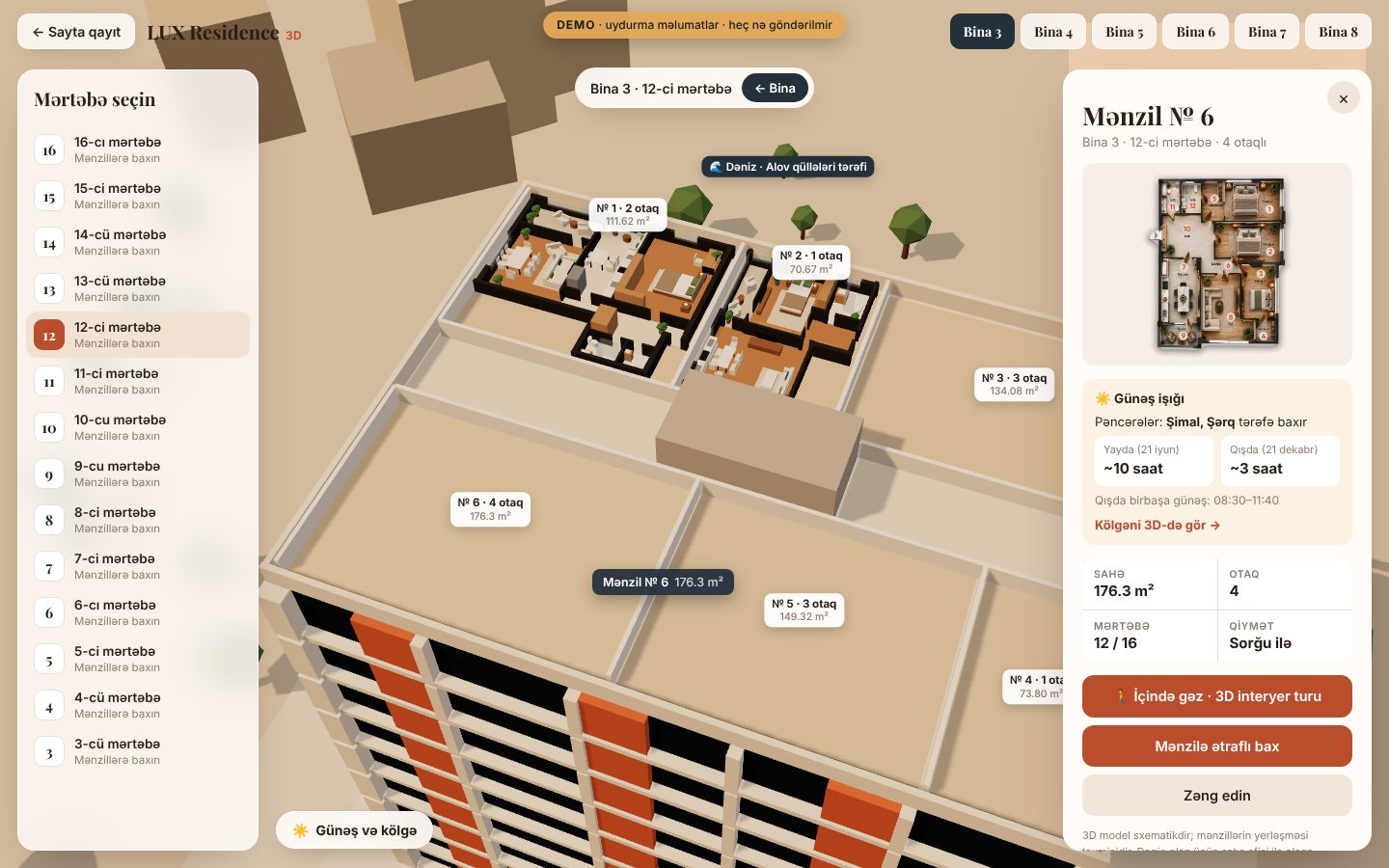 LUX Residence — 3D bina və mənzil turu — Mərtəbə planı və mənzil paneli: sahə, otaq, günəş işığı saatları