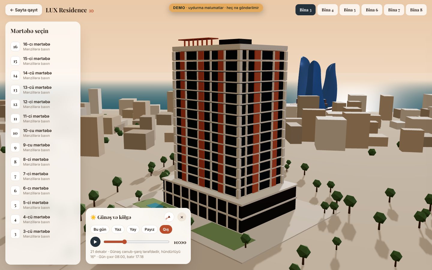LUX Residence — 3D bina və mənzil turu — Günəş və kölgə: fəsil və saat seçimi ilə real vaxtda kölgələr