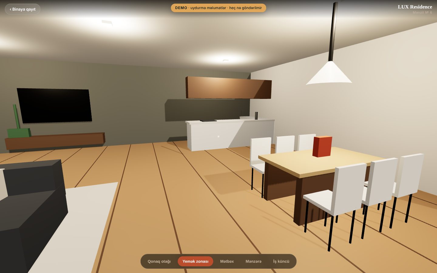 LUX Residence — 3D bina və mənzil turu — 3D tur: otaqlar arası keçid (yemək zonası)
