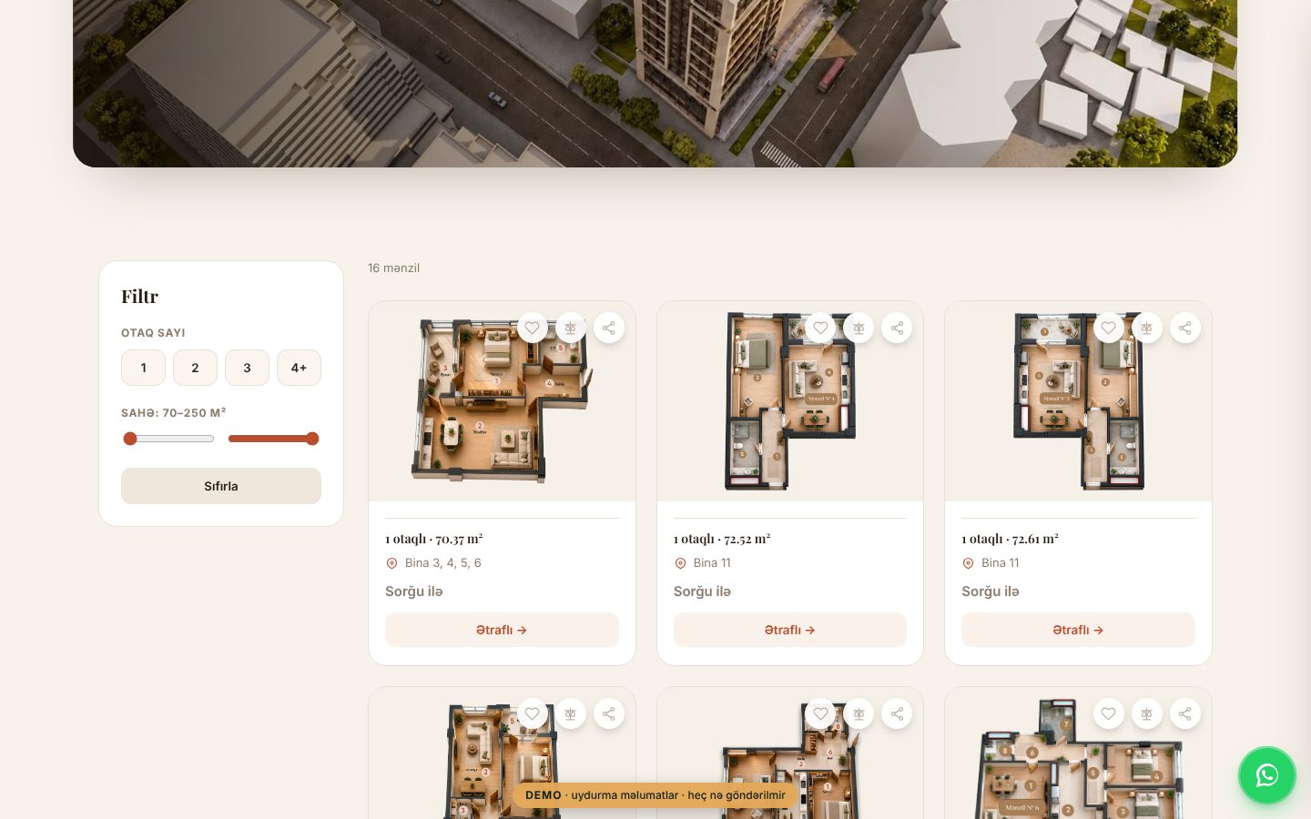 LUX Residence — satış saytı — Mənzil kataloqu: otaq sayı və sahə filtri, plan kartları