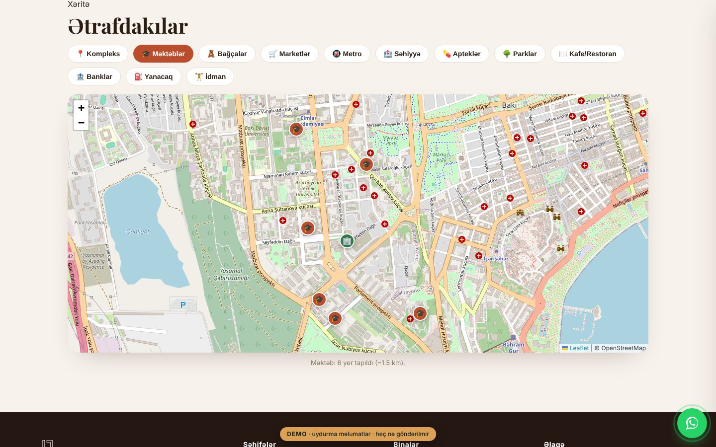 LUX Residence — satış saytı — İnfrastruktur xəritəsi: kateqoriyaya görə ətraf obyektlər (Leaflet + OSM)