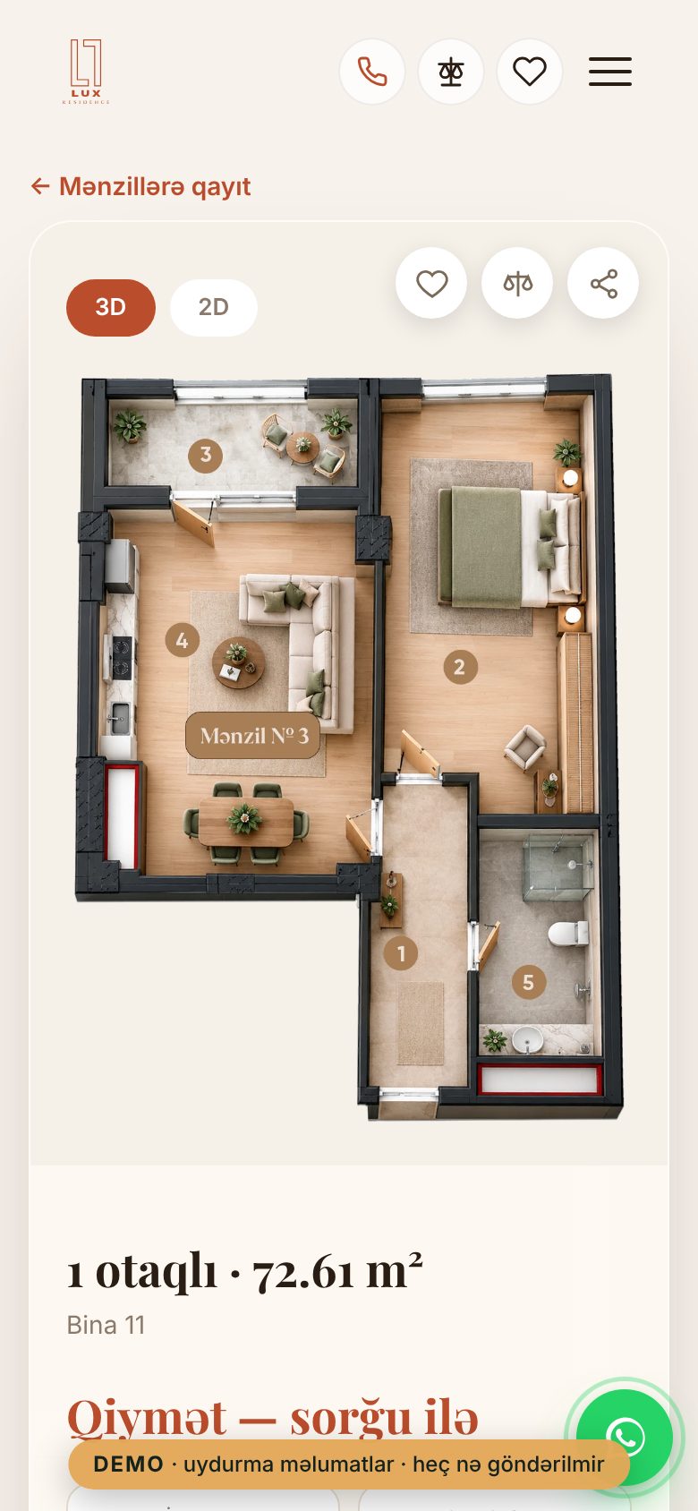 LUX Residence — satış saytı — Mənzil planı telefonda