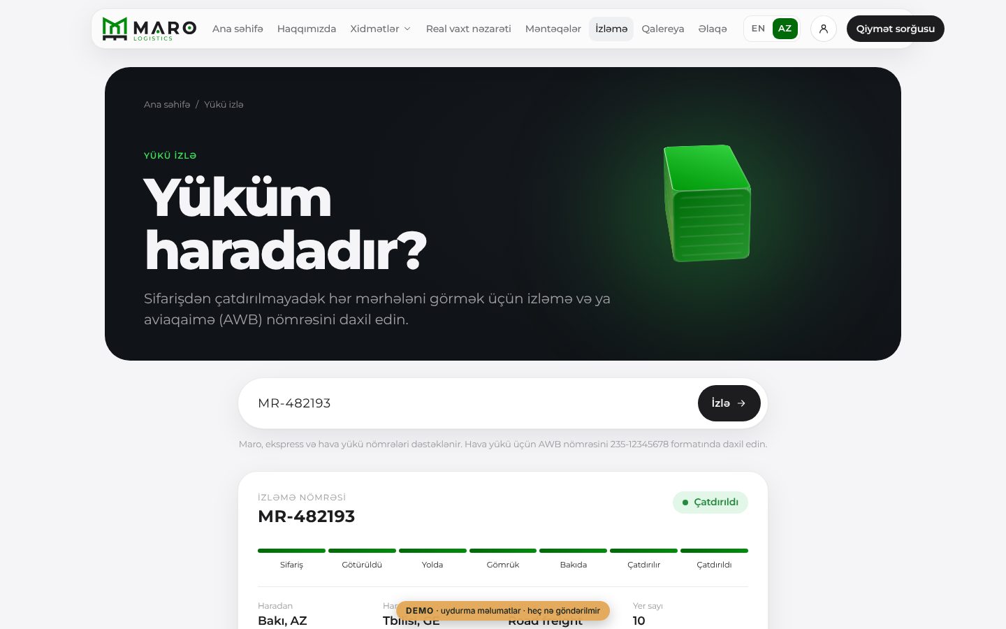 Maro Logistics — logistika və gömrük saytı — Yük izləmə (AZ): status addımları və marşrut məlumatı — demo nəticə