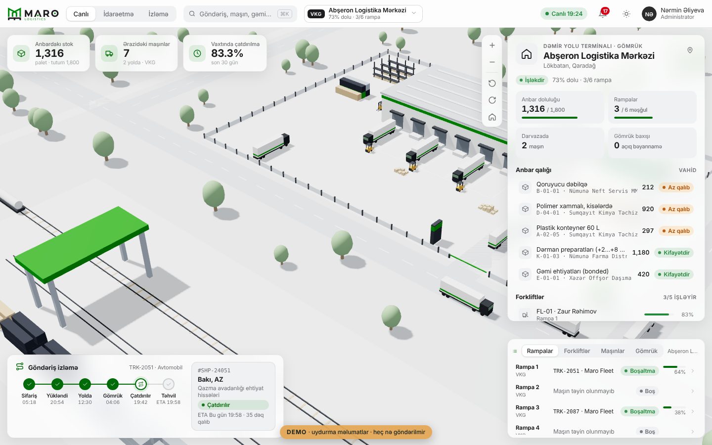Maro Logistics — logistika və gömrük saytı — Əməliyyat paneli: Abşeron Logistika Mərkəzinin canlı 3D xəritəsi, rampalar və göndəriş izləmə