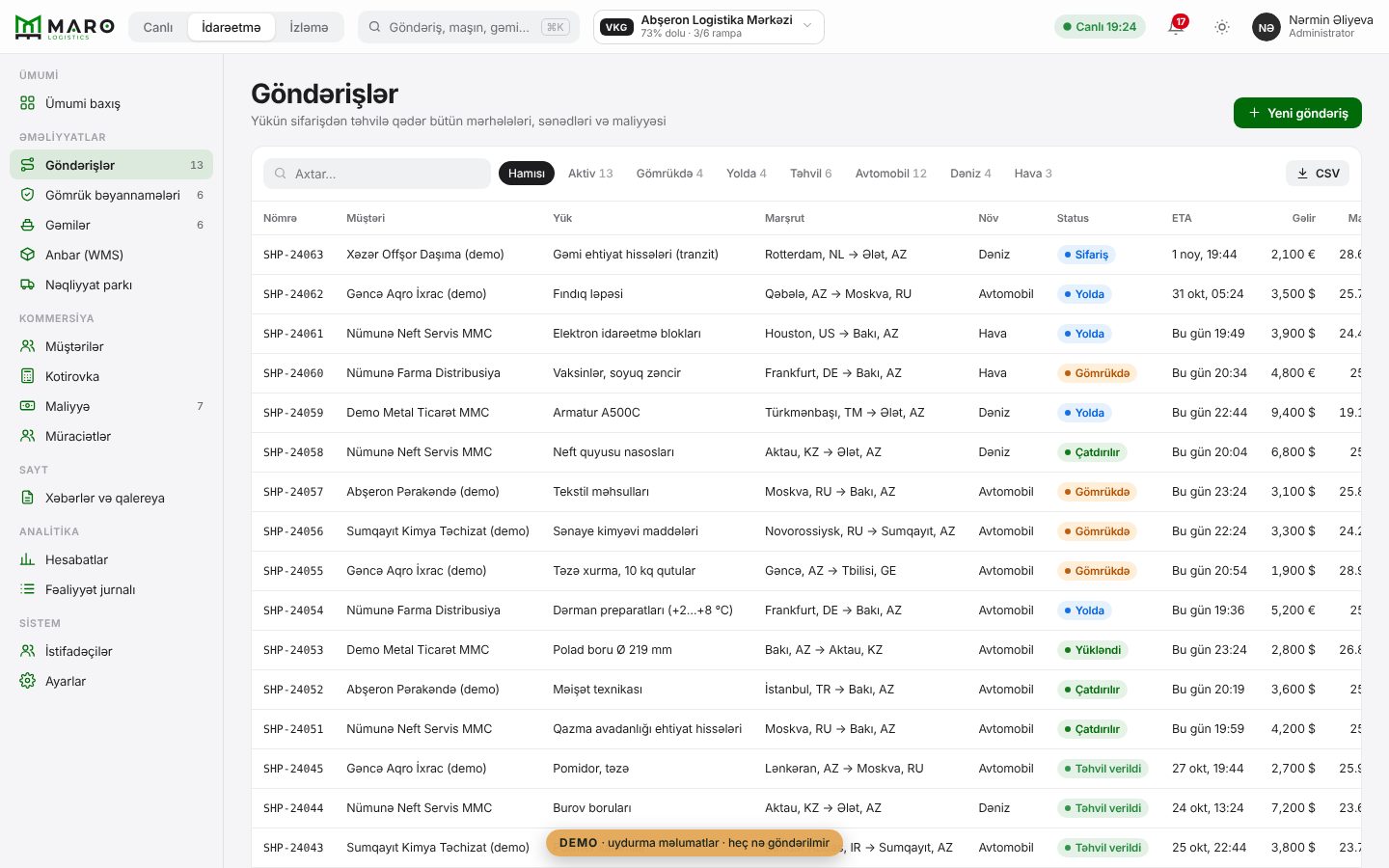 Maro Logistics — logistika və gömrük saytı — Göndərişlər cədvəli: status, marşrut, ETA və gəlir üzrə filtrlər