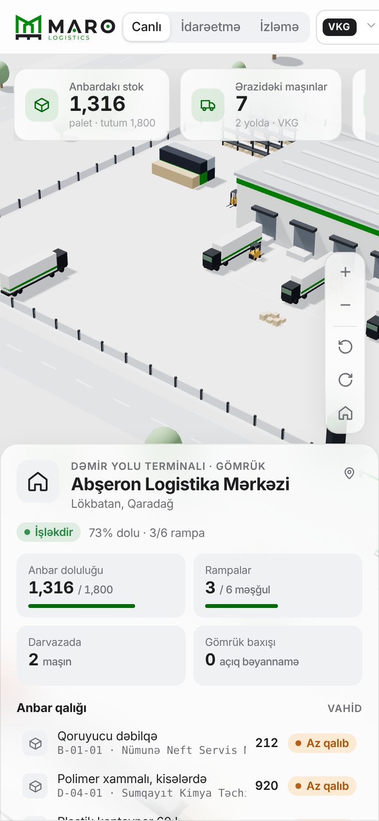 Maro Logistics — logistika və gömrük saytı — Mobil əməliyyat paneli