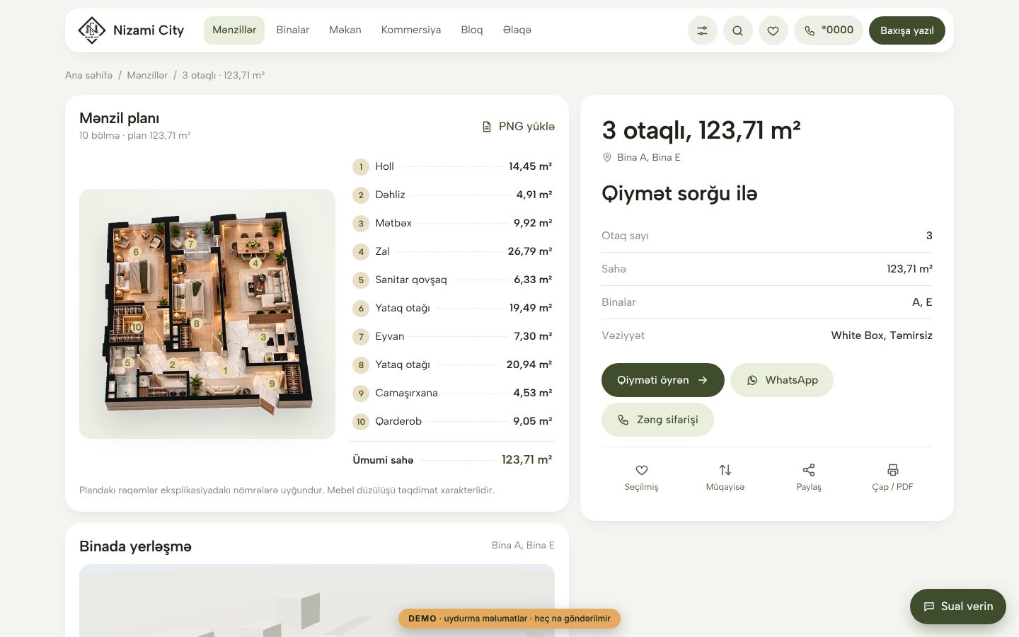 Nizami City — yaşayış kompleksi saytı — Mənzil planı: eksplikasiya, «Qiymət sorğu ilə», paylaşma və çap