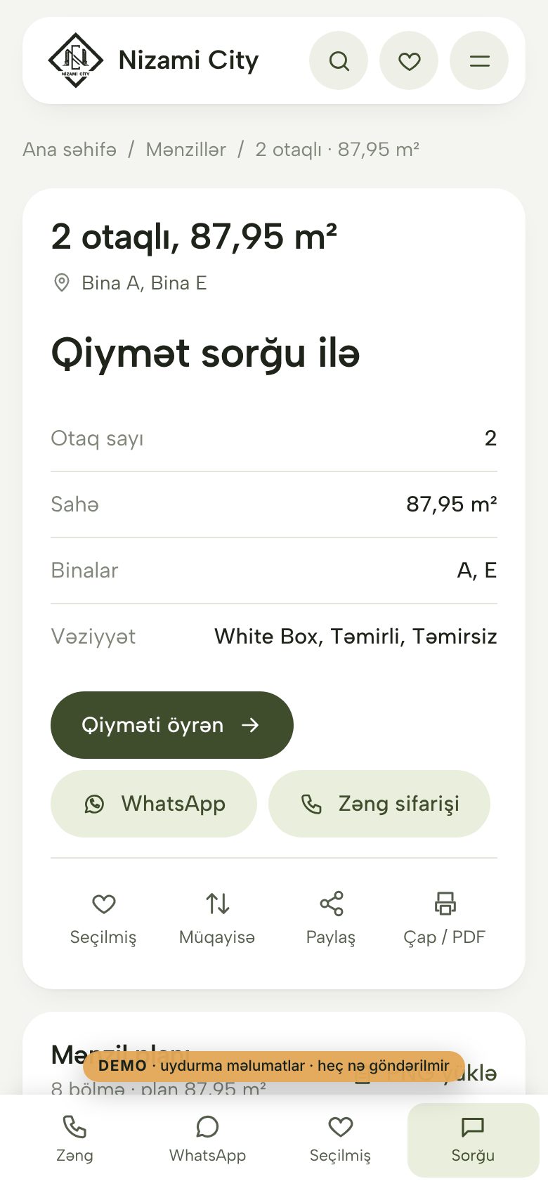 Nizami City — yaşayış kompleksi saytı — Mənzil planı telefonda, alt naviqasiya
