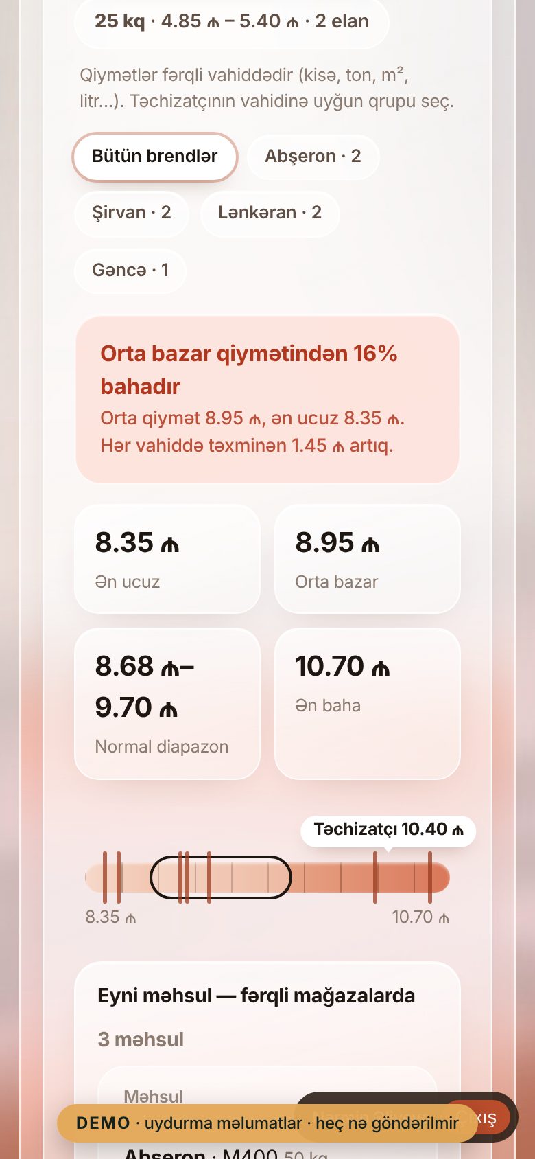 Qiymət Yoxla — AI təchizat paneli — Nəticələr telefonda