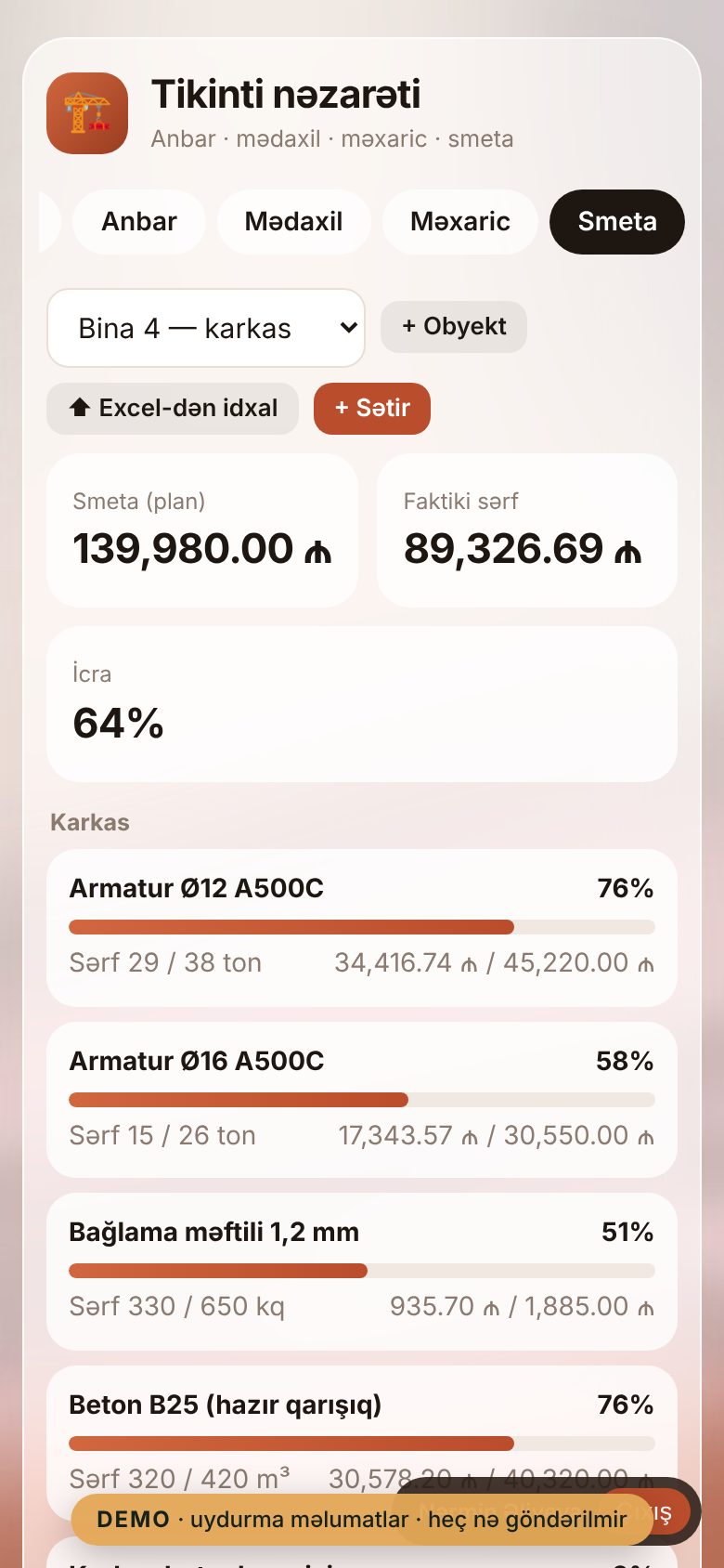 Tikinti nəzarəti — anbar və smeta — Smeta telefonda (kart görünüşü)