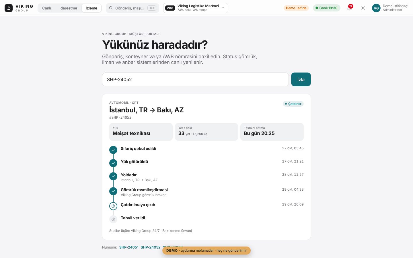 Viking Ops — 3D canlı əməliyyat platforması — Müştəri portalı: göndərişin mərhələ-mərhələ izlənməsi