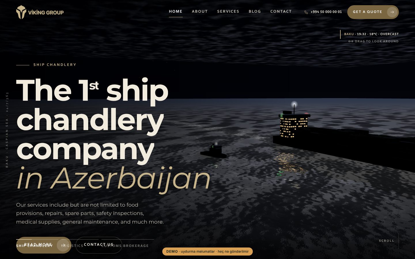 Viking Group — korporativ sayt — Ana səhifə: 3D dəniz fonunda Bakı havası və xidmət keçidləri