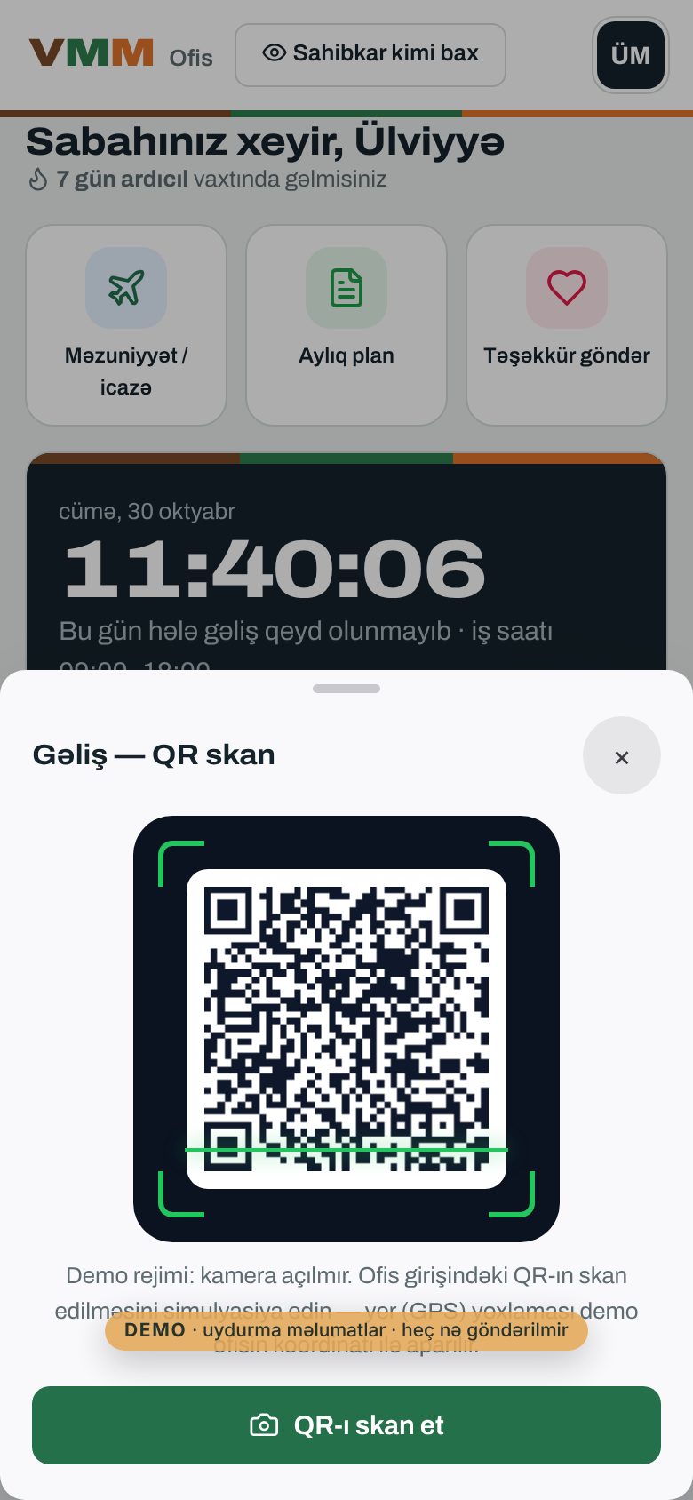 VMM Ofis — qrup şirkətləri üçün ofis sistemi — Tək QR ilə gəlişin qeydi (demo-da simulyasiya)